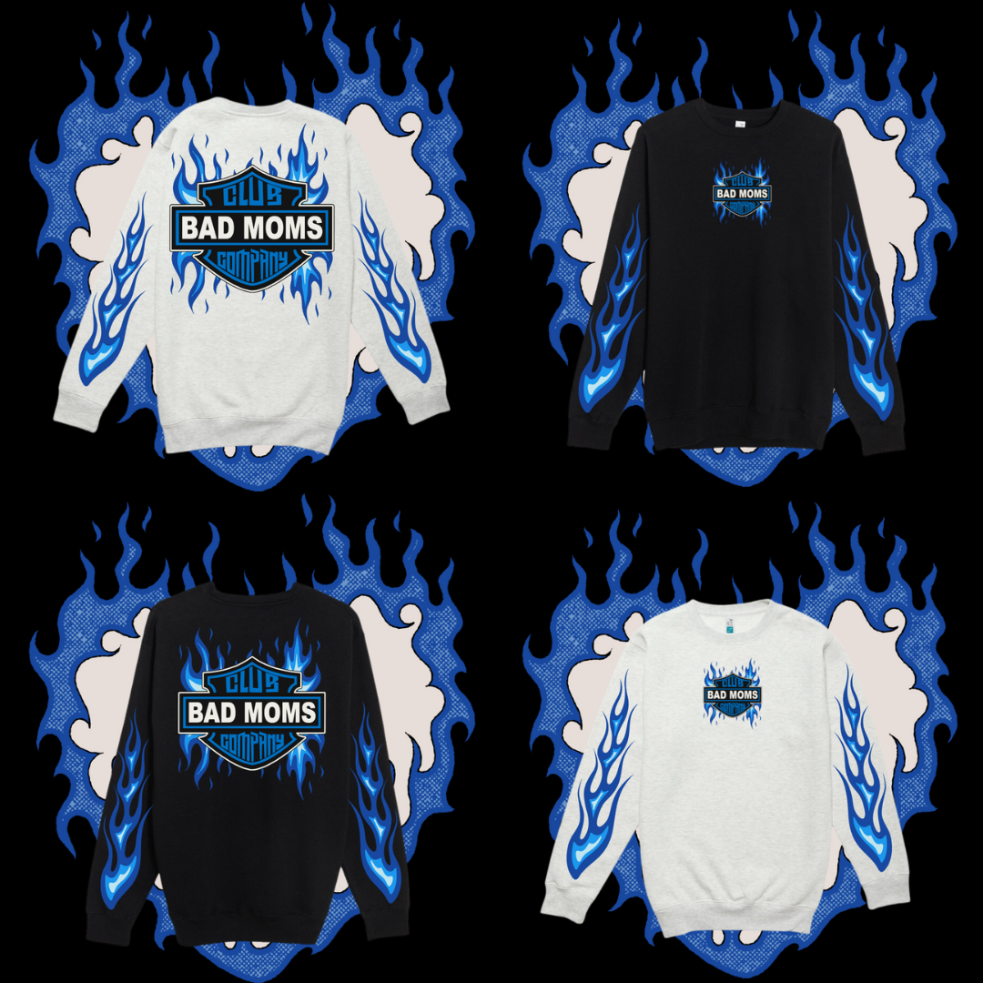 Blue Flame Harley Crewneck (2 Colors) – Bad Moms Club Co.
